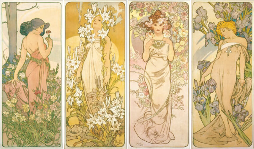 四つの花「カーネーション」、「ユリ」、「バラ」、「アイリス」