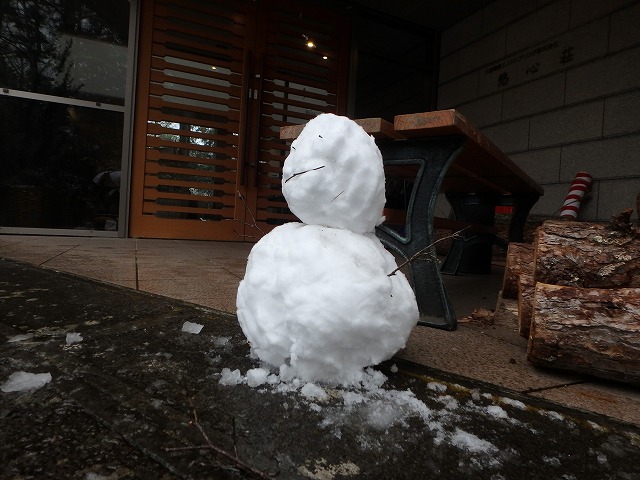 悠心荘の降雪とお客さんの雪だるま (2)